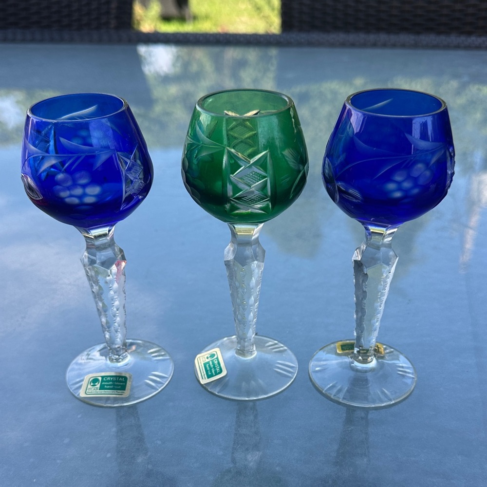Vintage Lausitzer Bohemian Multi-Colored Set of 3 Crystal Cut Cordial glasses